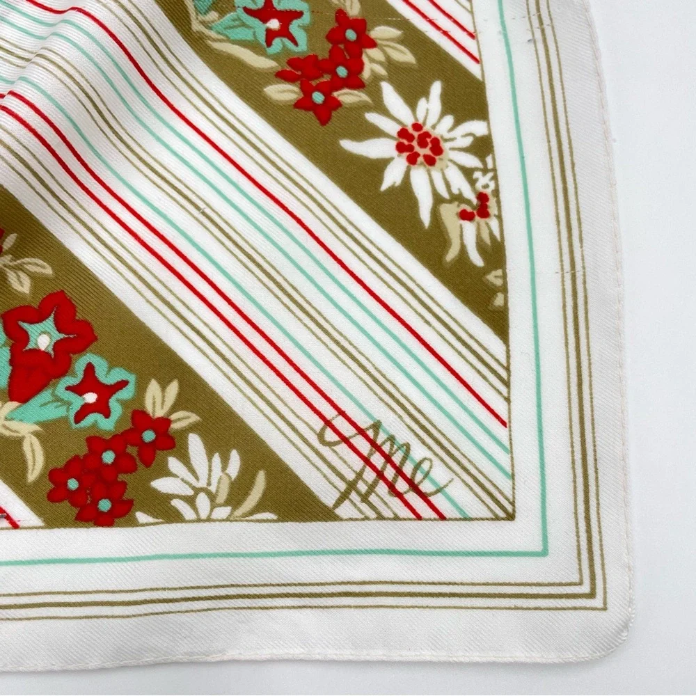 Vintage Scarf Floral Stripes‎ Olive Green White Red Teal Square Retro 70s 80s